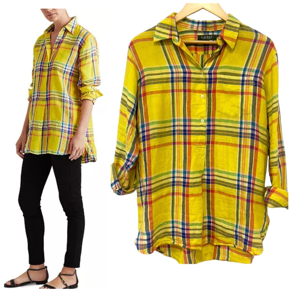 Lauren Ralph Lauren Lightweight Yellow Plaid Linen Shirt Tunic Top Petite Large